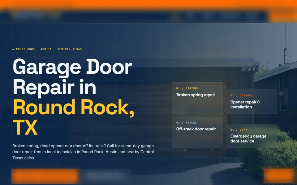 Garage door repair client homepage, brand and phone blurred